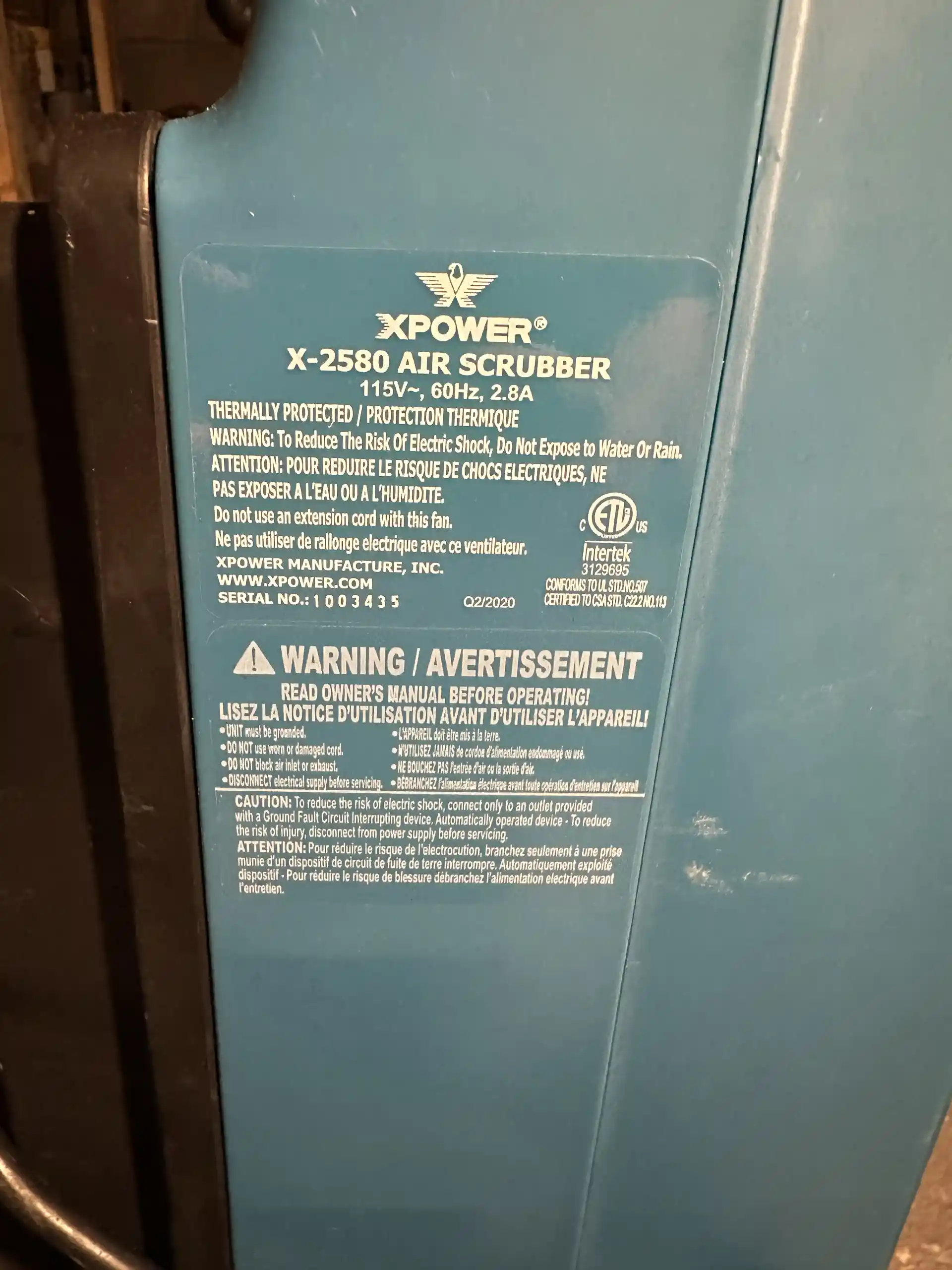 Flood/mould remediation HEPA air scrubber