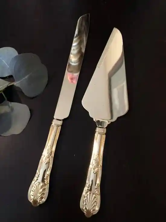 Silver Cake Knife Set with Gold Detailing