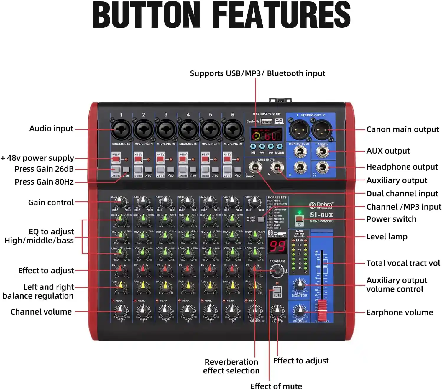 Audio mixer 8 channel with USB & DSP SI-8UX