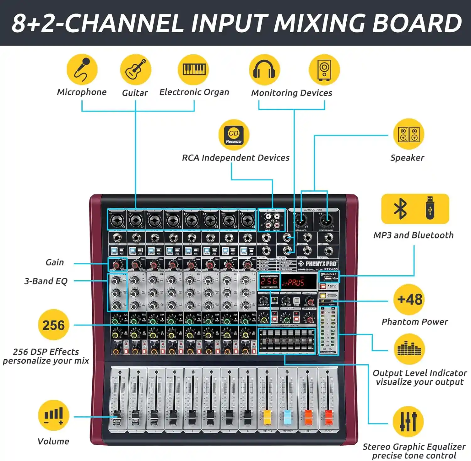 Audio Mixer 8 Channel Sound Board PTX-400