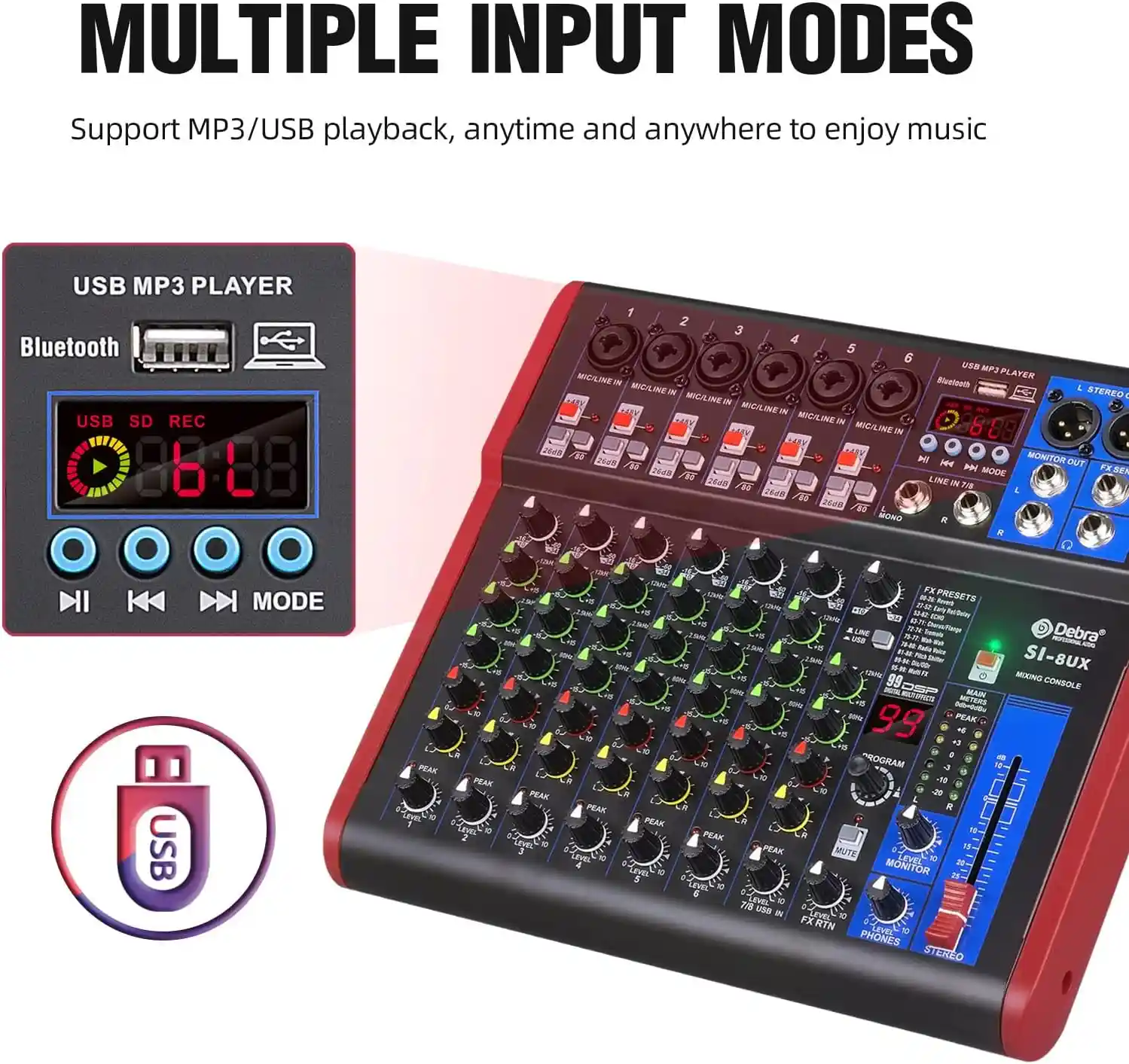 Audio mixer 8 channel with USB & DSP SI-8UX